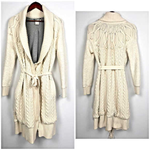 Anthropologie M/L Eloise Ivory Cable Knit Belted Cardigan Sweater Long Boho - Picture 3 of 9